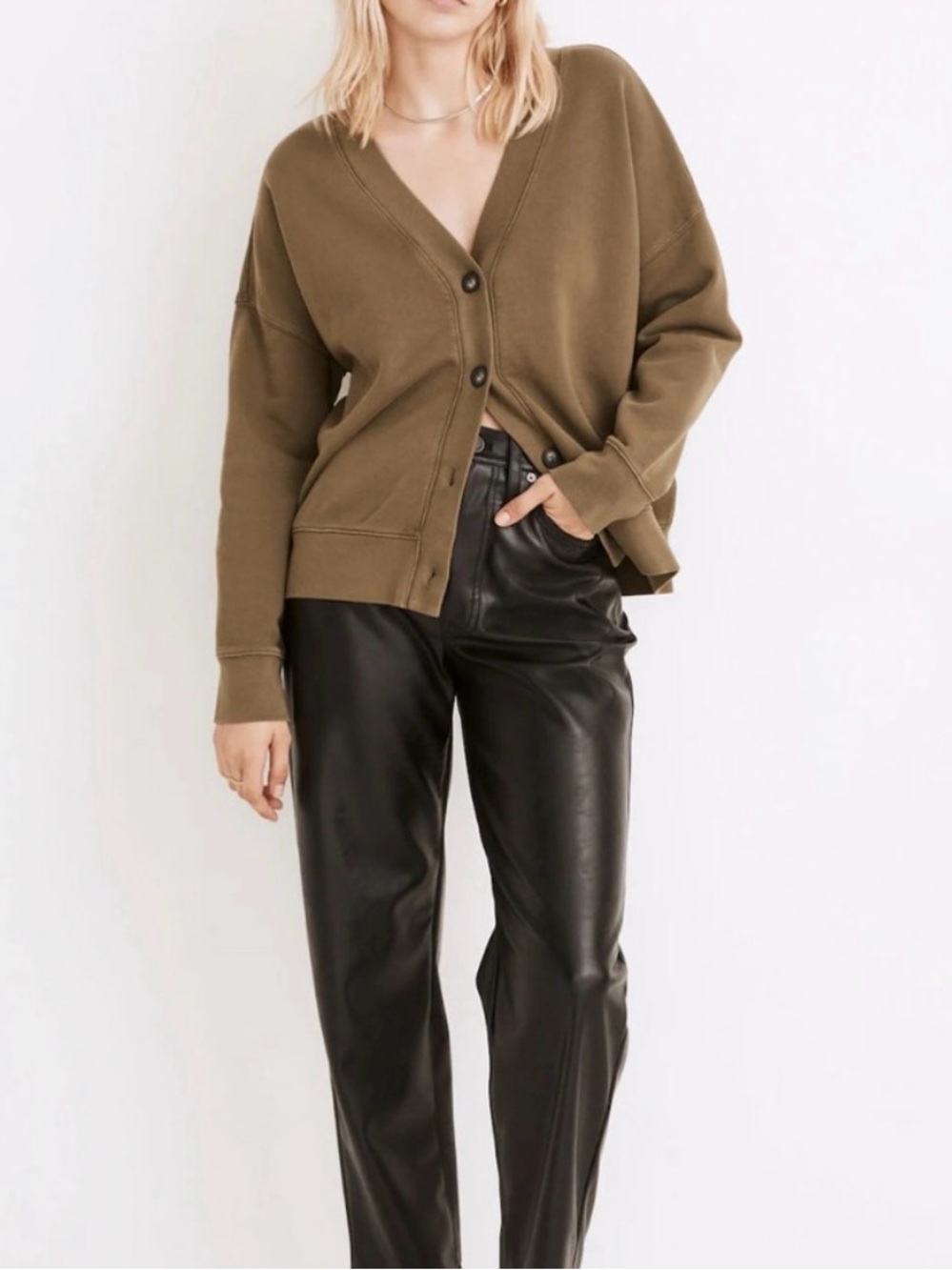 Madewell Olive Green Boxy V-Neck Cardigan
